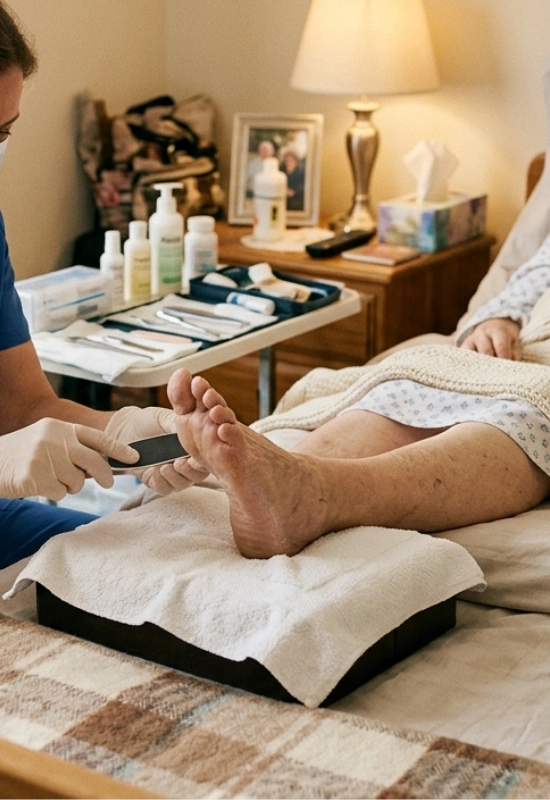 Mobile foot care nurse in gloves performing a professional heel filing and callus treatment for an elderly patient at home