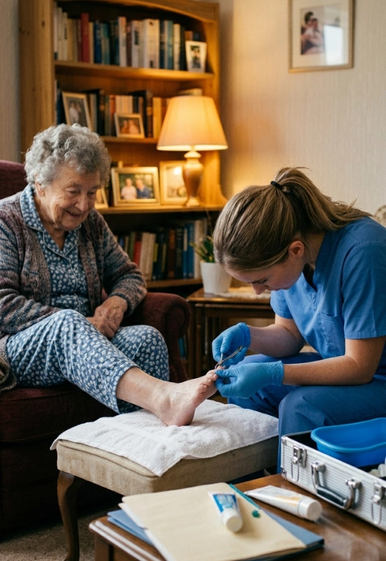 Mobile foot care nurse in blue scrubs performing a medical pedicure for an elderly woman in her living room