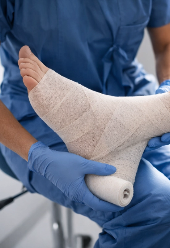 A close-up view of a medical professional in blue scrubs and gloves carefully wrapping a beige elastic compression bandage around a patient's foot and ankle.