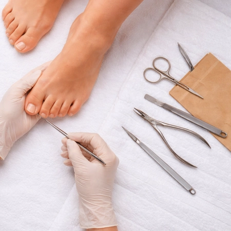 Foot care nurse performing professional toenail treatment with sterile podiatry instruments during an in-home foot care appointment