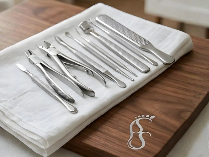 A set of sterilized, stainless steel medical foot care instruments, including nippers, files, and elevators, arranged neatly on a white cloth next to a wooden surface featuring the Sole Special Foot Care logo.